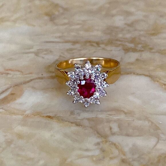 14K Natural Burmese Ruby & Diamond Cluster Ring - Picture 6 of 13